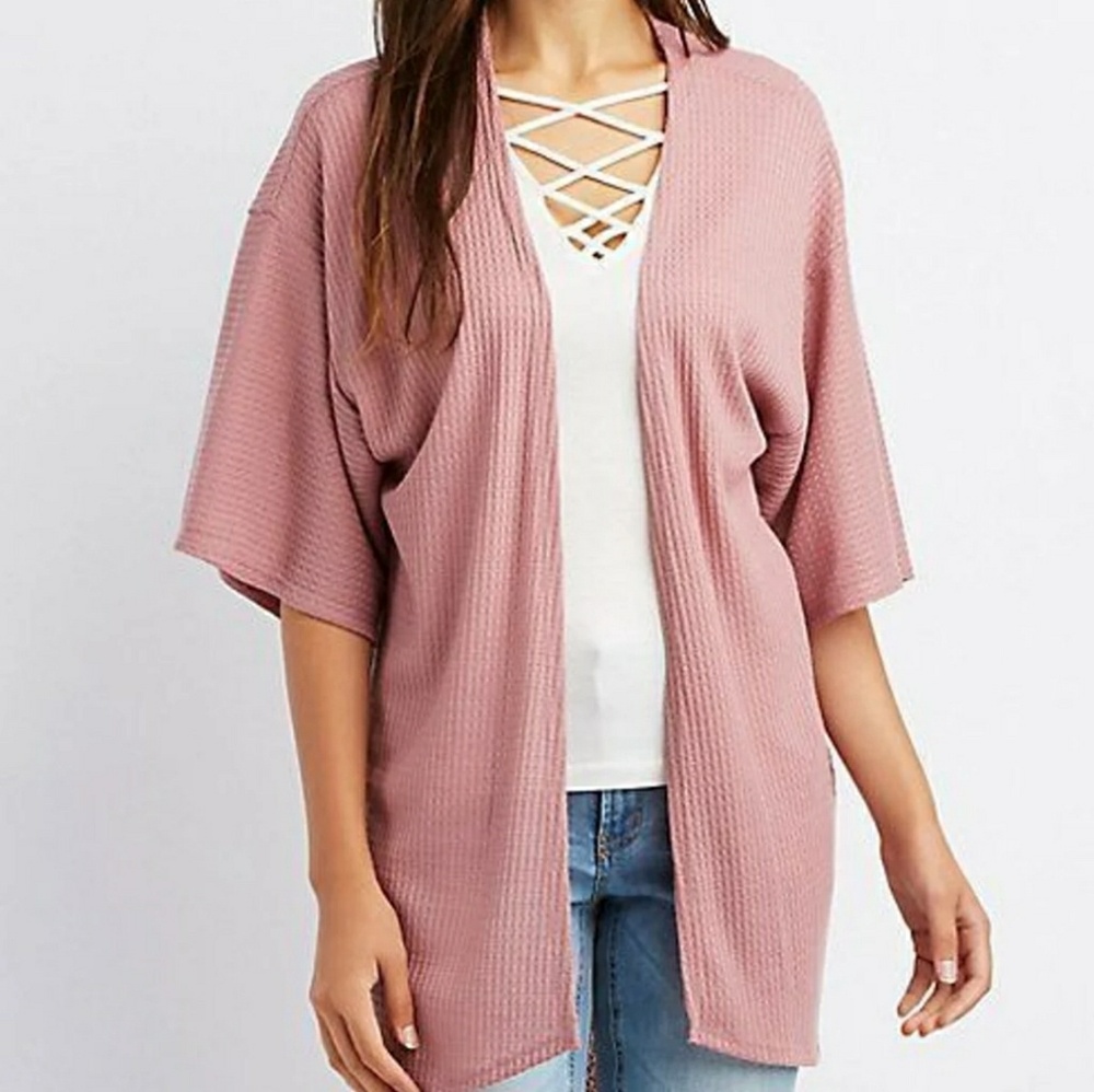 Waffle stitch open front cardigan